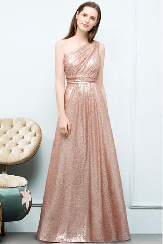 A-line Sleeveless Floor Length One-shoulder Sequins Prom Dresses