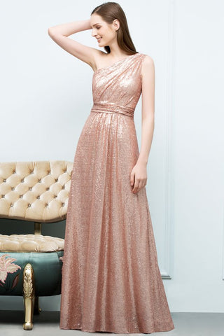 A-line Sleeveless Floor Length One-shoulder Sequins Prom Dresses