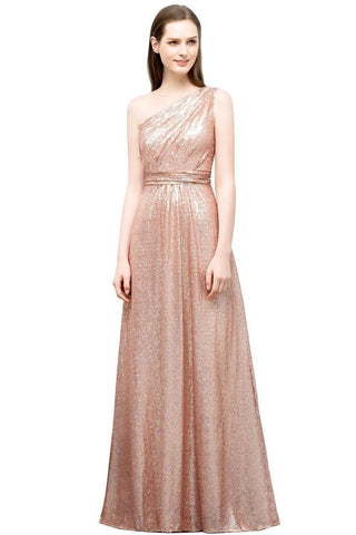 A-line Sleeveless Floor Length One-shoulder Sequins Prom Dresses