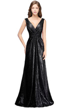 Vestidos de fiesta de lentejuelas, corte en A, sin mangas, hasta el suelo y con escote en V.