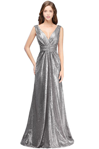 A-line Sleeveless Floor-length V-neck Sequins Prom Dresses