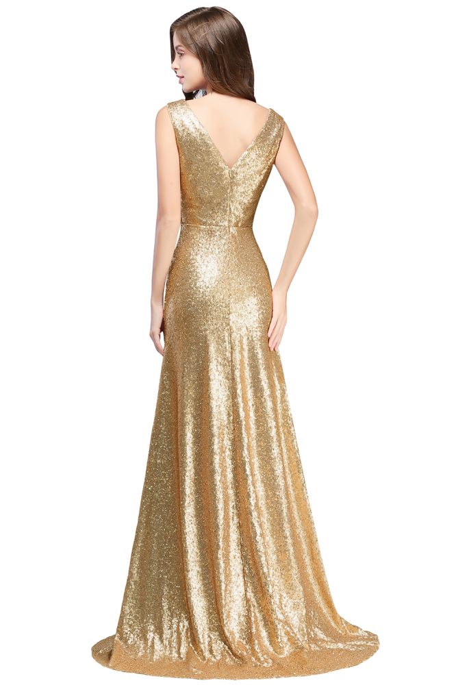 Vestidos de fiesta de lentejuelas, corte en A, sin mangas, hasta el suelo y con escote en V.