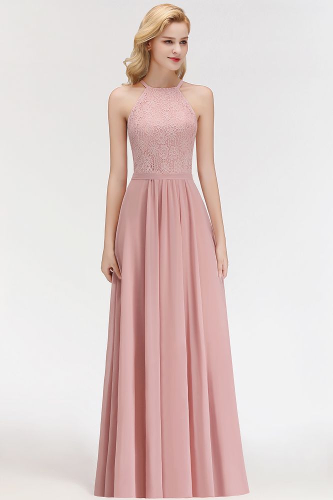 Robe de demoiselle d'honneur longue en mousseline de soie et dentelle, coupe trapèze, sans manches, dos nu, en dentelle.