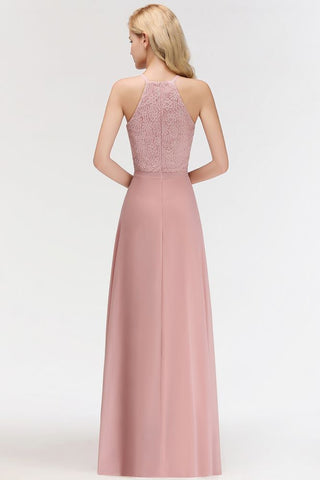 A-line Sleeveless Halter Long Lace Chiffon Bridesmaid Dress