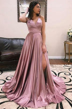 Vestidos largos de fiesta de corte A, sin mangas, con escote en V y abertura frontal
