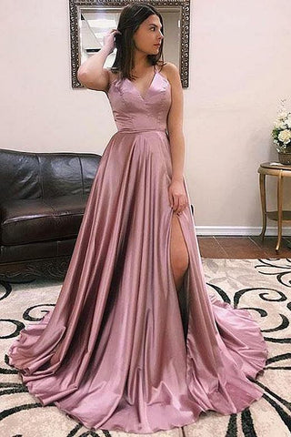 A-line Sleeveless V-Neck Front Slit Long Prom Dresses