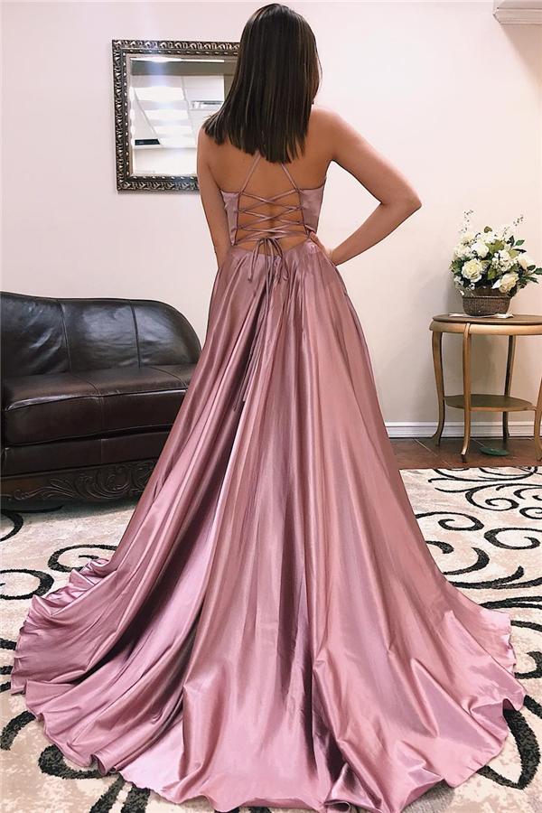Vestidos largos de fiesta de corte A, sin mangas, con escote en V y abertura frontal