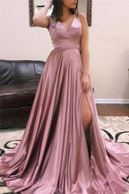 Vestidos largos de fiesta de corte A, sin mangas, con escote en V y abertura frontal