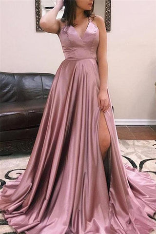 A-line Sleeveless V-Neck Front Slit Long Prom Dresses