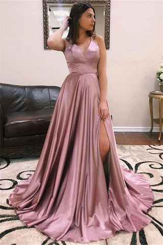 A-line Sleeveless V-Neck Front Slit Long Prom Dresses