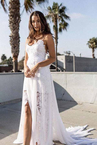Vestidos de novia de playa de gasa con encaje blanco, corte en A y tirantes finos WD290