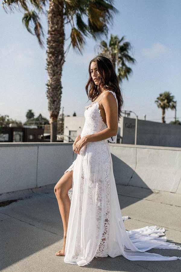 Vestidos de novia de playa de gasa con encaje blanco, corte en A y tirantes finos WD290