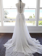 Vestidos de novia de playa de gasa con encaje blanco, corte en A y tirantes finos WD290