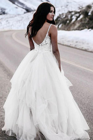 Vestido de novia asimétrico de corte A con tirantes finos y encaje WD236