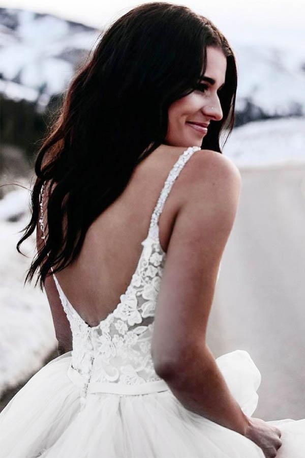 Vestido de novia asimétrico de corte A con tirantes finos y encaje WD236