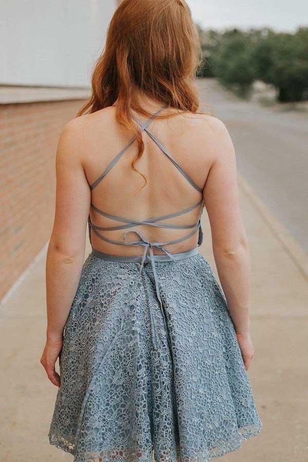 Vestido de fiesta azul de encaje, corte en A, tirantes finos, espalda descubierta, largo por encima de la rodilla PD273