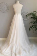 Vestidos de novia de corte A con tirantes finos para la playa, vestidos de novia de encaje WD453