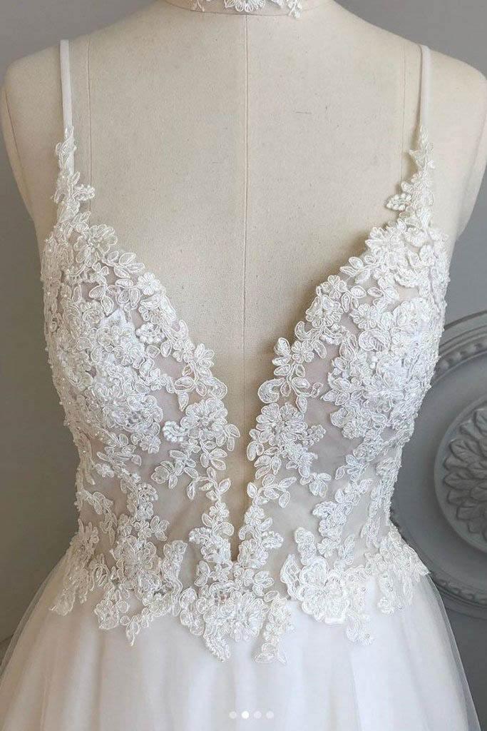 Vestidos de novia de corte A con tirantes finos para la playa, vestidos de novia de encaje WD453