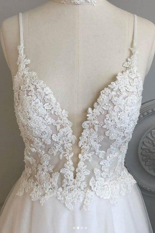 Robe de mariée de plage à bretelles spaghetti, coupe trapèze, en dentelle, référence WD453