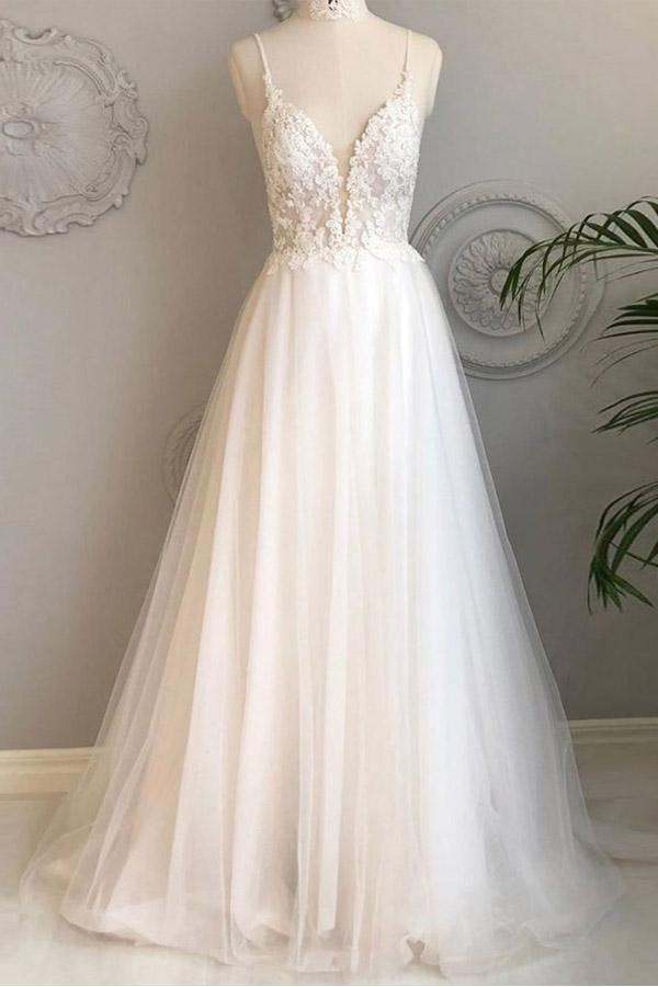 Vestidos de novia de corte A con tirantes finos para la playa, vestidos de novia de encaje WD453