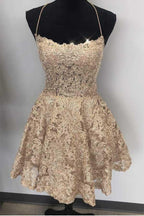 Vestido corto de fiesta azul de encaje con tirantes finos y espalda cruzada, corte en A, PD259