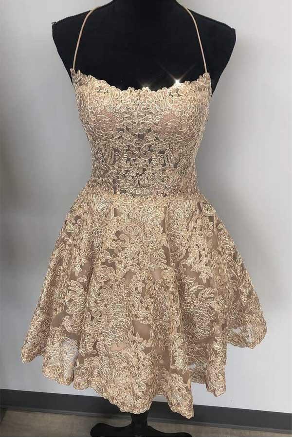 Vestido corto de fiesta azul de encaje con tirantes finos y espalda cruzada, corte en A, PD259