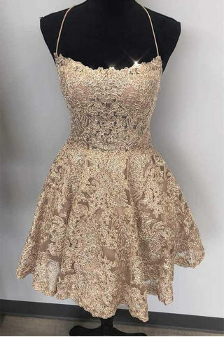 Robe de bal courte en dentelle bleue, bretelles spaghetti, dos croisé, coupe trapèze, référence PD259