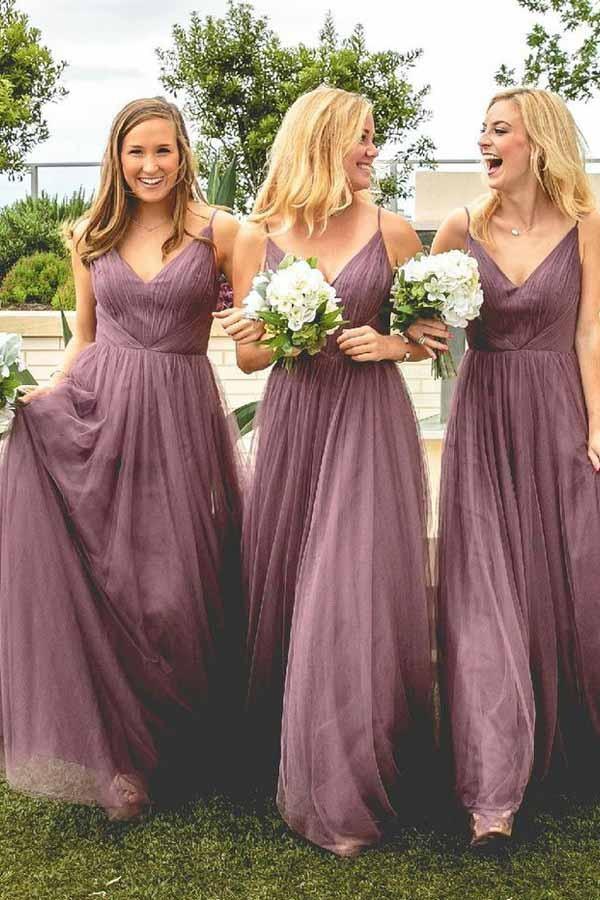 Vestido de dama de honor de corte A, tirantes finos, largo hasta el suelo, color lila claro BD048
