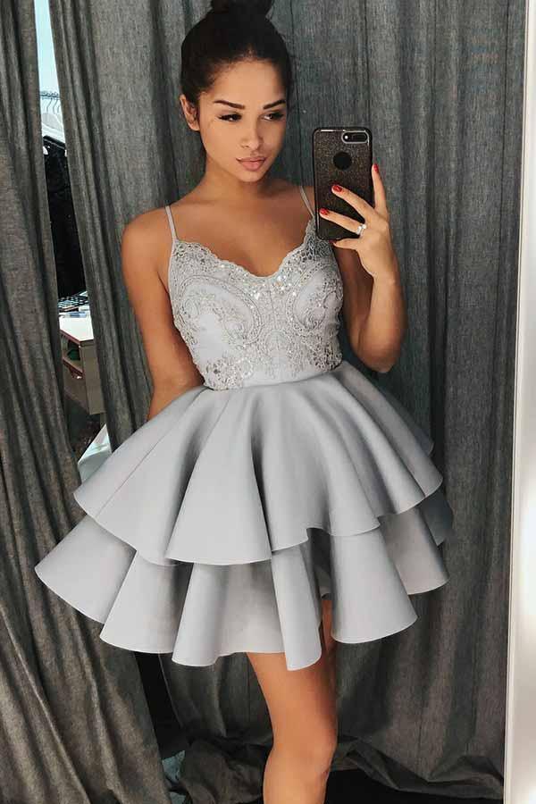 Vestido de fiesta gris de satén con tirantes finos y encaje, corte en A, PD024