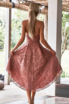 Vestido de fiesta de encaje rosa pálido con tirantes finos y corte asimétrico, corte en A, PD002