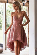 Vestido de fiesta de encaje rosa pálido con tirantes finos y corte asimétrico, corte en A, PD002