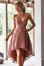 Vestido de fiesta de encaje rosa pálido con tirantes finos y corte asimétrico, corte en A, PD002