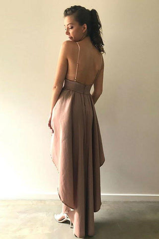Robe de bal trapèze à fines bretelles et ourlet asymétrique en satin rose poudré PD006
