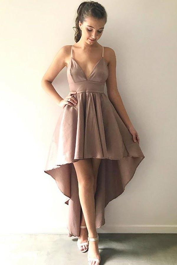 Vestido de fiesta de satén rosa pálido con tirantes finos y corte asimétrico, corte en A, PD006