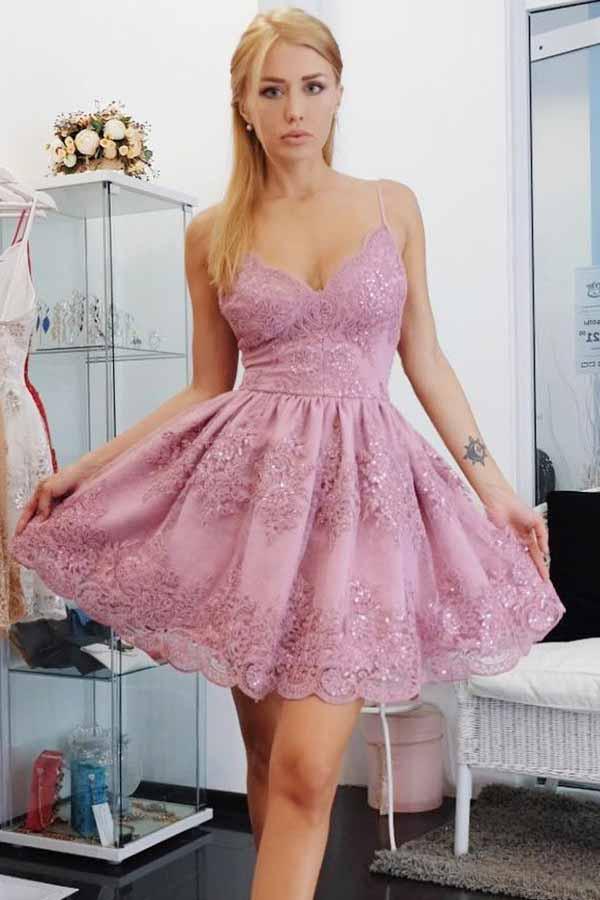 Vestido de baile de graduación de corte A con tirantes finos y apliques PD056
