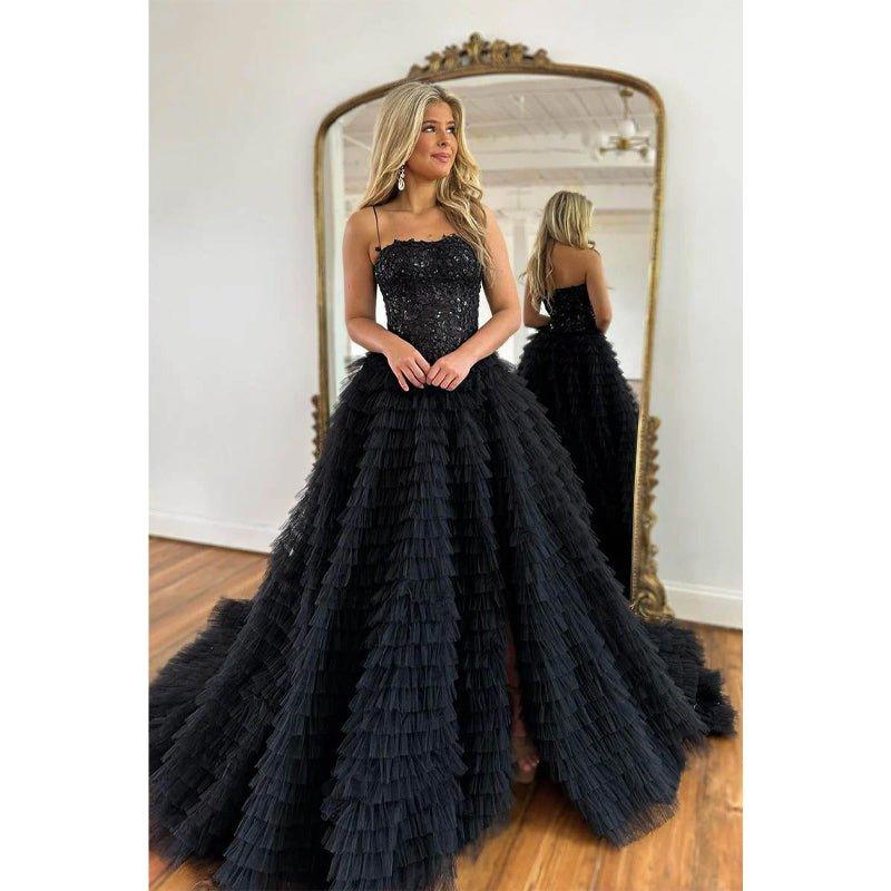 Vestido largo negro de fiesta de graduación, corte A, tirantes finos, apliques de encaje, volantes de tul, vestido de corte de honor para baile de bienvenida