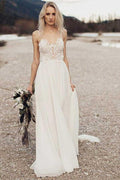 Vestido de novia largo de gasa con tirantes finos y corte en A con encaje WD259