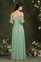 Robe de demoiselle d'honneur en mousseline de soie, coupe trapèze, bretelles spaghetti, épaules dénudées, volants et poches