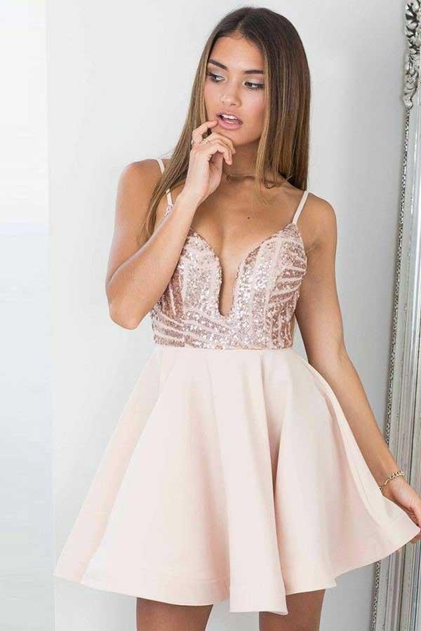Vestido de fiesta de bienvenida rosa perlado con tirantes finos y lentejuelas, corte en A, PD028
