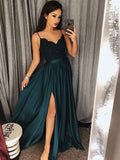Vestidos de graduación de corte A, sin mangas, con tirantes finos, largos hasta el suelo y con encaje, de satén similar a la seda.