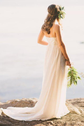 Vestido de novia de gasa con tirantes finos, corte en A y cola de barrido WD240