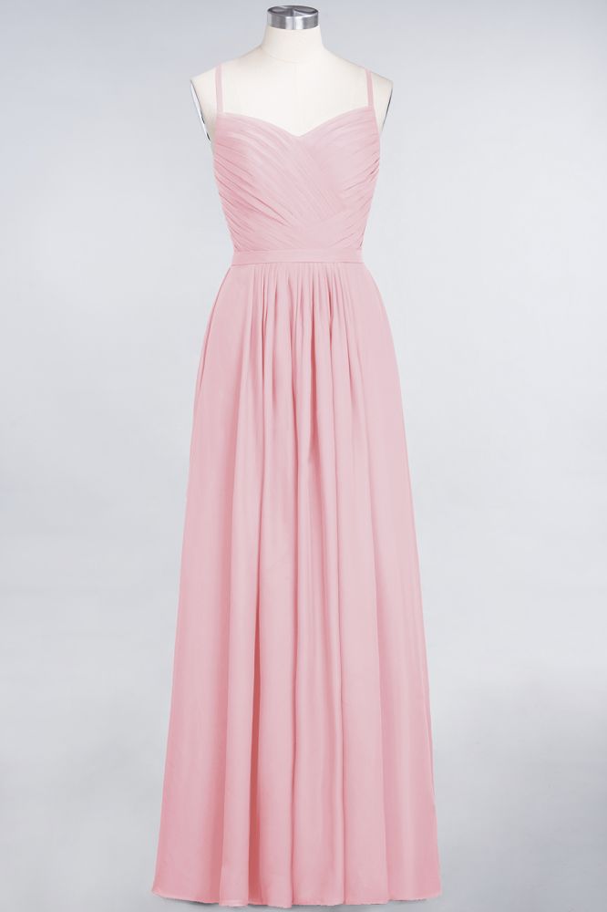Vestido largo de noche de gasa con volantes, escote corazón, tirantes finos, corte en A y mangas largas. Ideal para damas de honor.