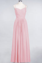 Vestido largo de noche de gasa con volantes, escote corazón, tirantes finos, corte en A y mangas largas. Ideal para damas de honor.