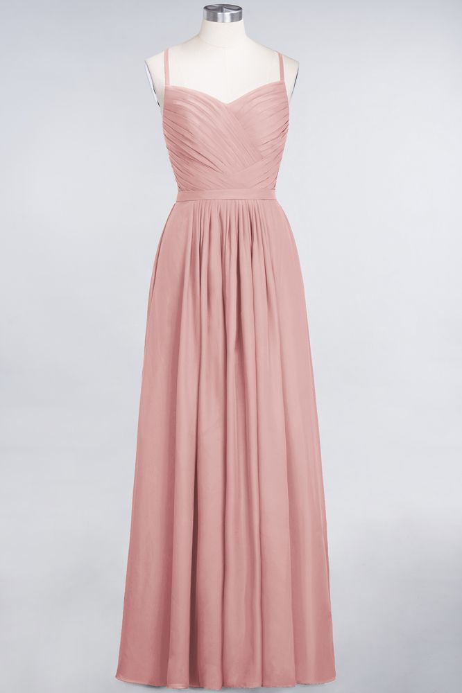 Vestido largo de noche de gasa con volantes, escote corazón, tirantes finos, corte en A y mangas largas. Ideal para damas de honor.