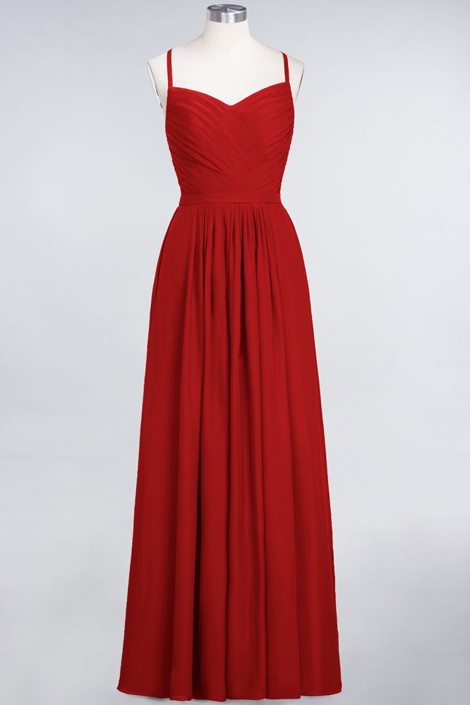 Vestido largo de noche de gasa con volantes, escote corazón, tirantes finos, corte en A y mangas largas. Ideal para damas de honor.