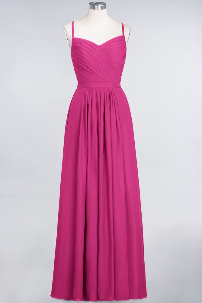 Vestido largo de noche de gasa con volantes, escote corazón, tirantes finos, corte en A y mangas largas. Ideal para damas de honor.