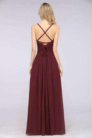 A-Line Spaghetti-Straps Sweetheart Sleeveless Bridesmaid Dress Ruffles Chiffon Evening Maxi Gown