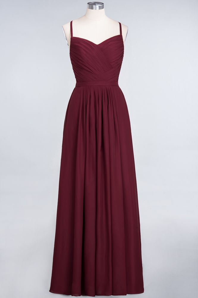 Vestido largo de noche de gasa con volantes, escote corazón, tirantes finos, corte en A y mangas largas. Ideal para damas de honor.