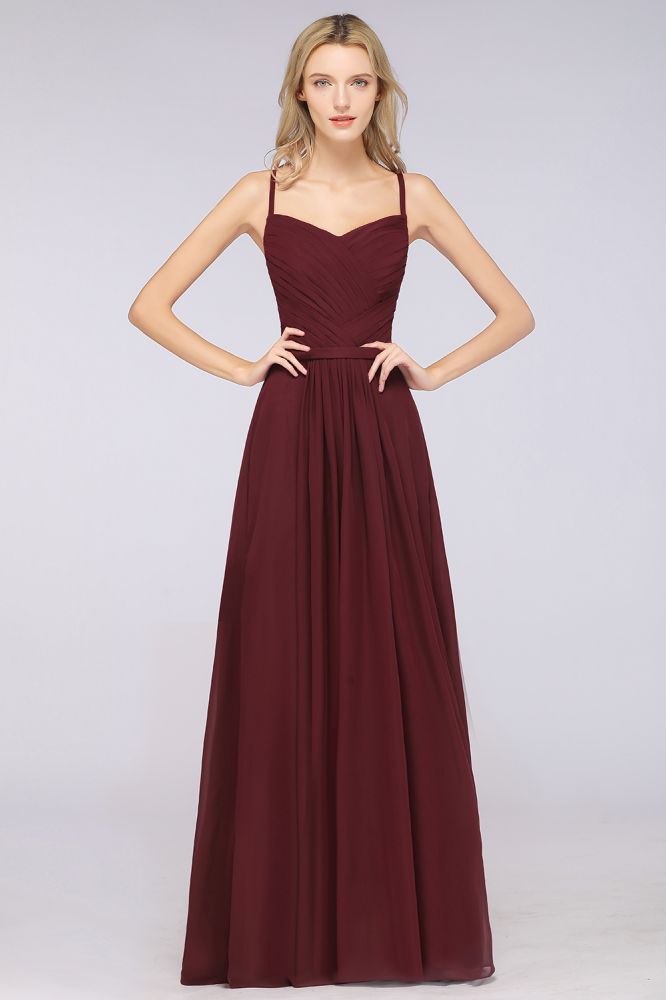 Vestido largo de noche de gasa con volantes, escote corazón, tirantes finos, corte en A y mangas largas. Ideal para damas de honor.