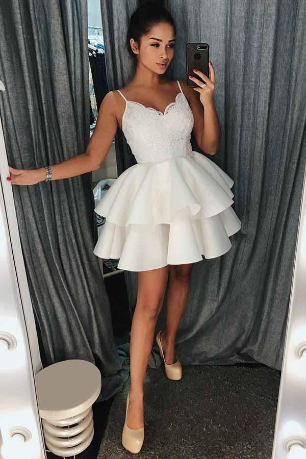 Vestido corto de satén con tirantes finos, corte en A y volantes, estilo baile de bienvenida, con encaje PD025